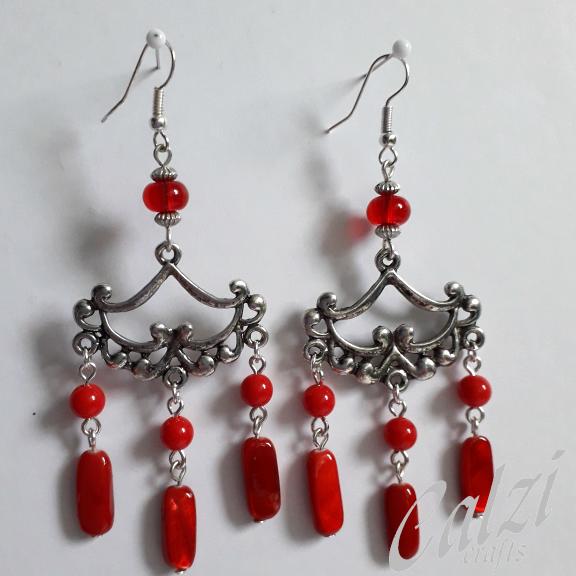 Red Chandelier Boho Dangly Earrings