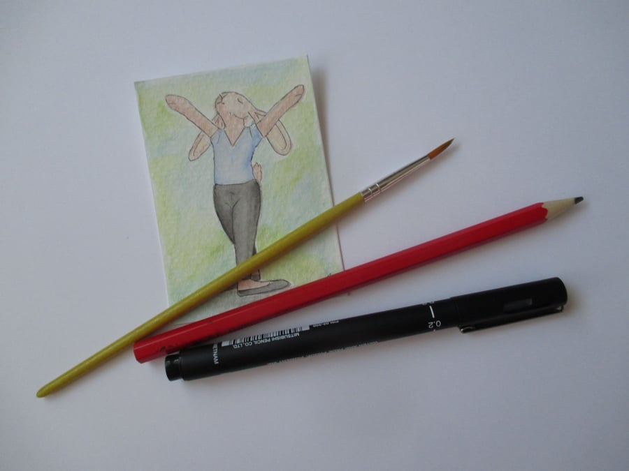 ACEO Bunny Rabbit Ballerina Ballet Dancing Bunny Rabbit Original Painting 001