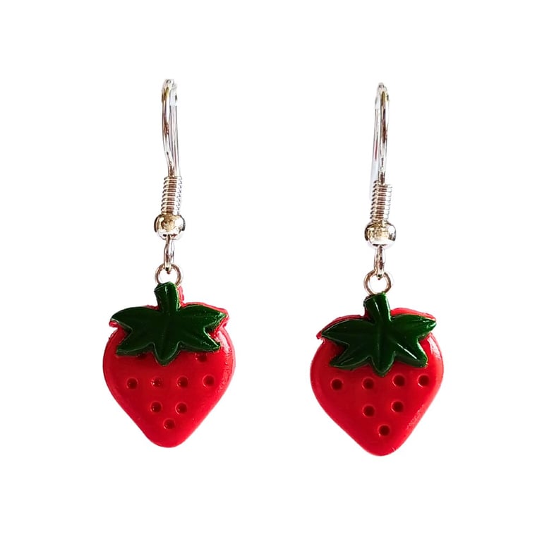 Strawberry Earrings, Red and Green, Fruit Jewellery