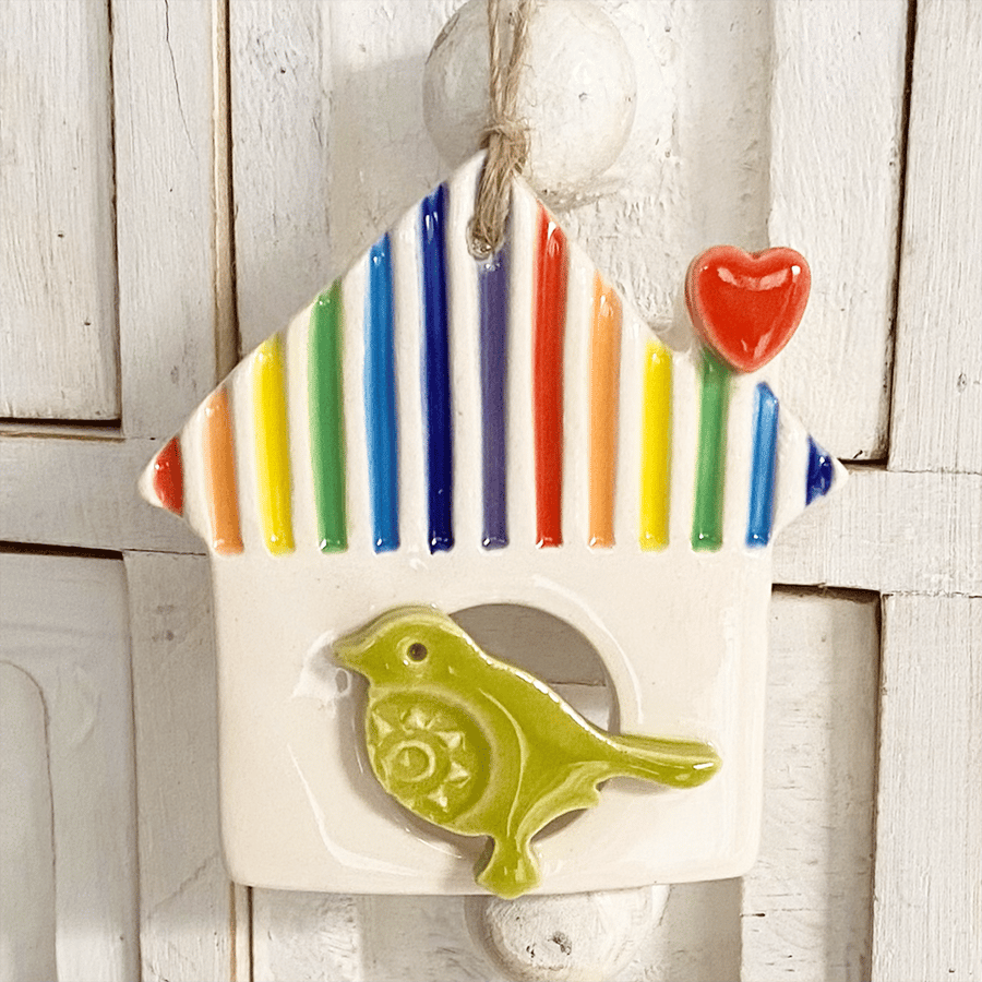 Sale Small Ceramic bird house with striped roof 