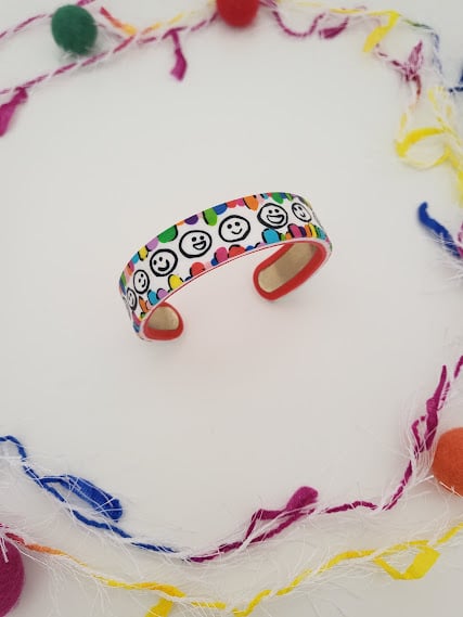 Handmade Rainbow Colour Happy Vibe Polymer Clay Bangle - Happy Faces Bangle