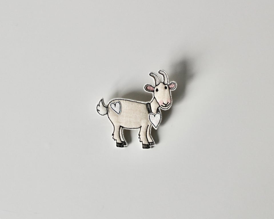 'Happy Goat with Hearts' - Handmade Brooch