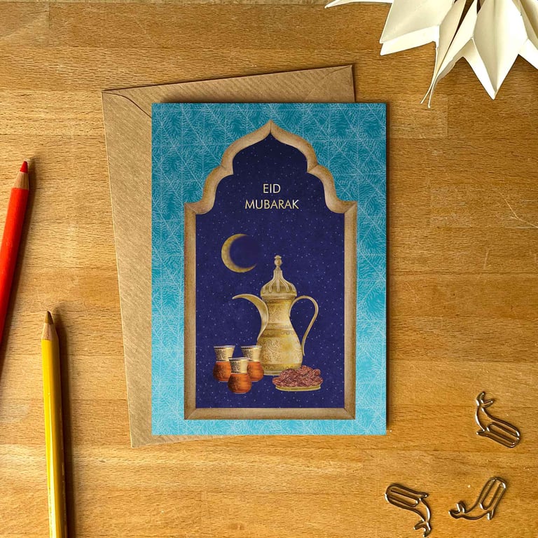 Eid Mubarak Greetings Card – Traditional Tea Set & Crescent Moon Illustration