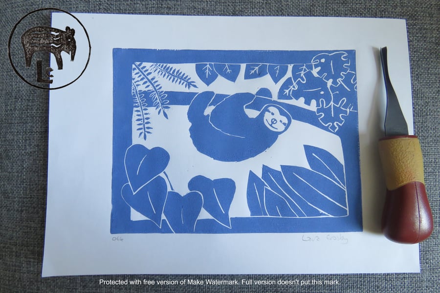 Blue Sloth hanging about in rainforest. An original A4 lino print (OE4)