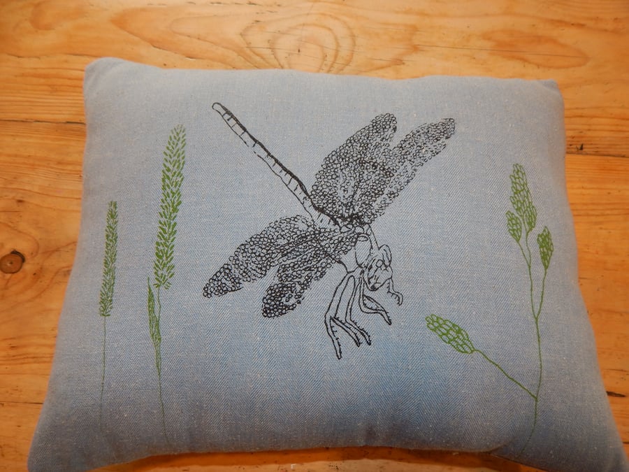 Small Dragonfly Screen printed Pastel blue cushion. 33cm x 27cm