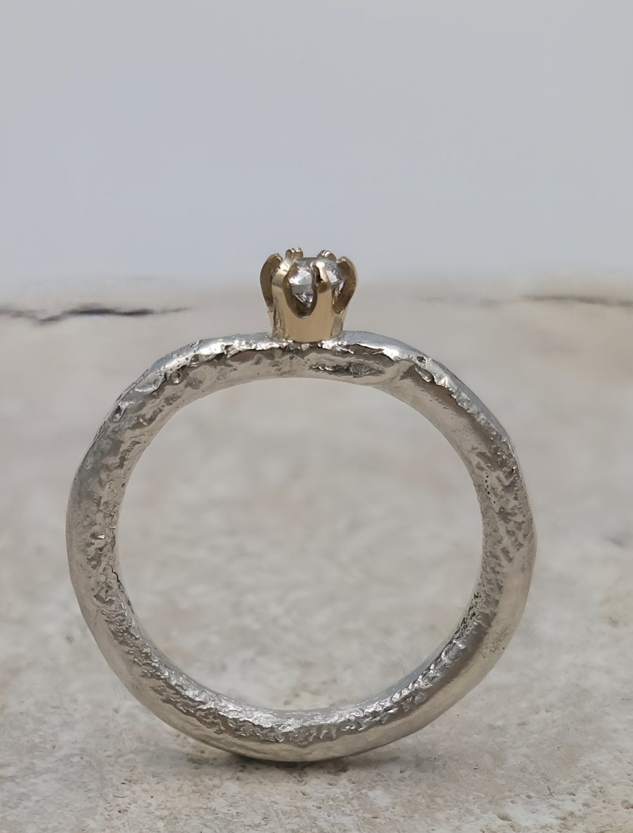 Hand Forged Molten Sterling Silver Ring – 14K Gold, Lab Diamond - Size I