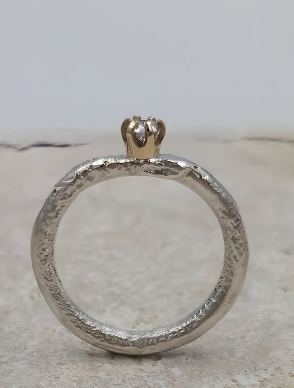 Hand Forged Molten Sterling Silver Ring – 14K Gold, Lab Diamond - Size I