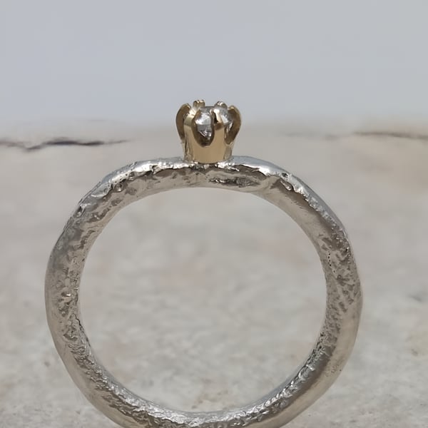 Hand Forged Molten Sterling Silver Ring – 14K Gold, Lab Diamond - Size I