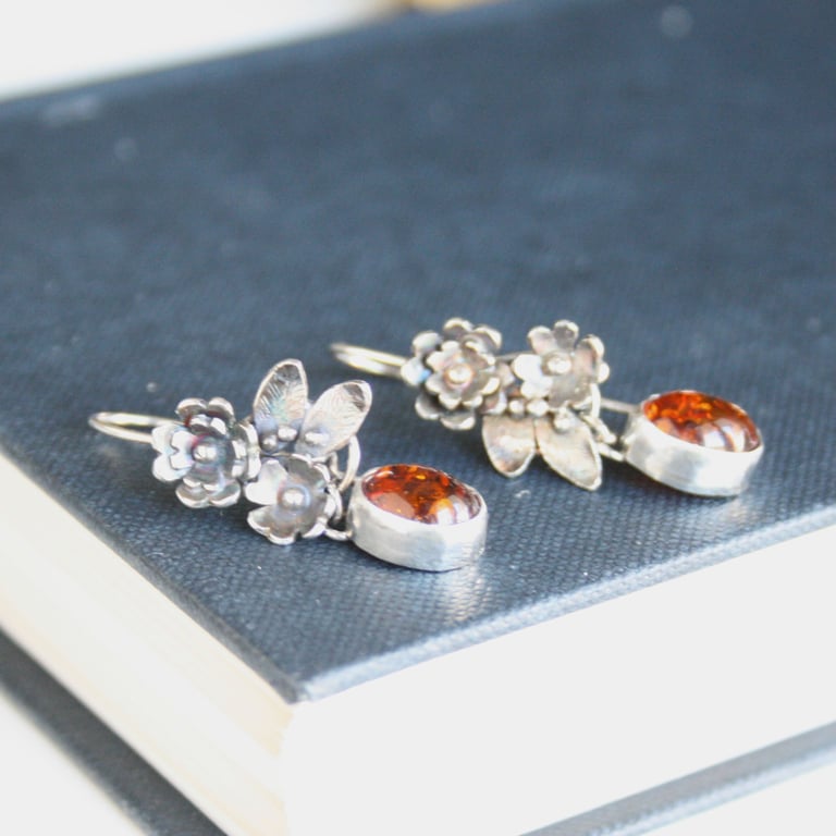 Sterling Silver and Amber Flower Earrings, Nature Inspired Jewellery