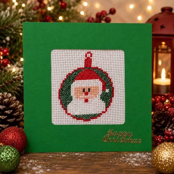 Handmade Cross Stitch Santa in Bauble Christmas Card – Green – 5 x 5 Inch