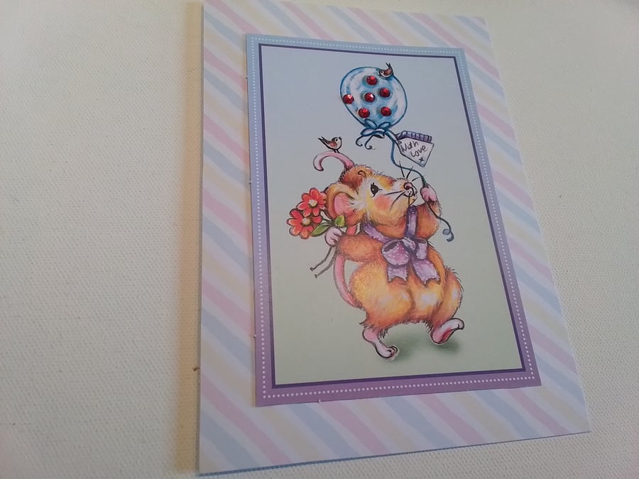 Birthday card. Mouse. Balloon. Handmade card. Party time. Ref 085