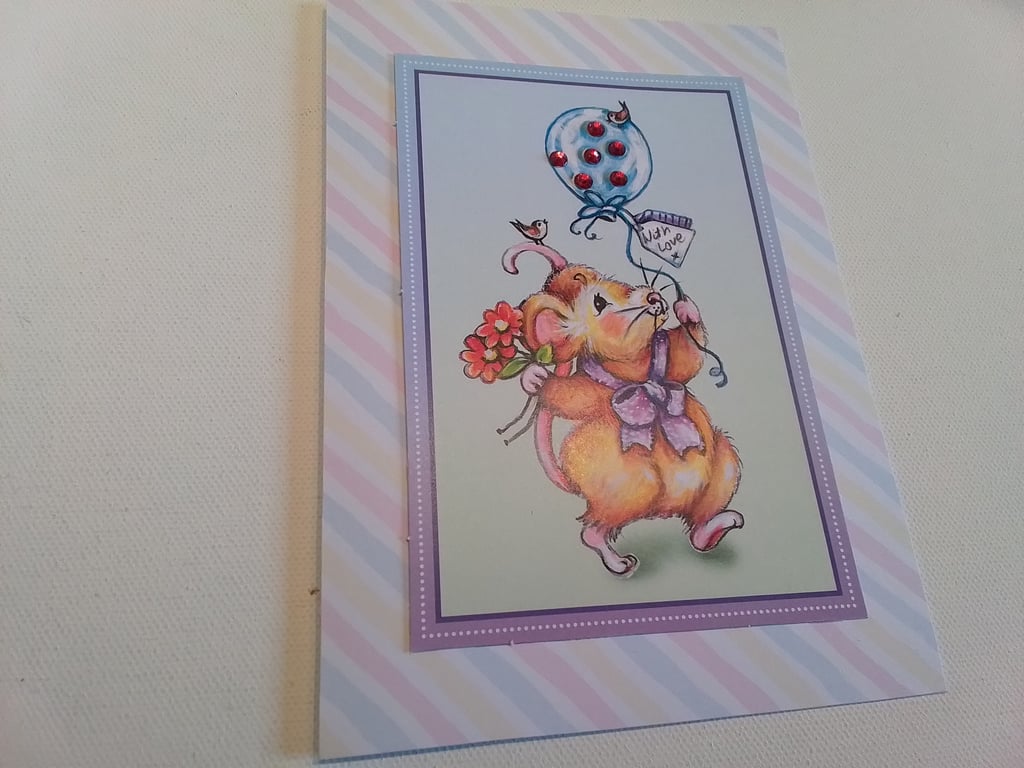 Birthday card. Mouse. Balloon. Handmade card. Party time. Ref 085