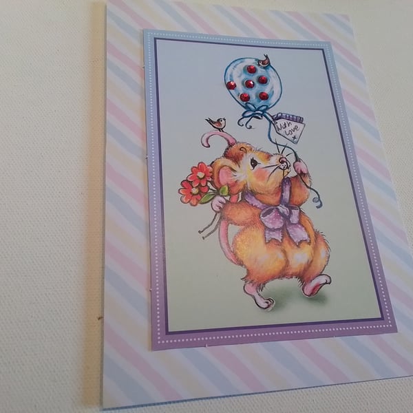Birthday card. Mouse. Balloon. Handmade card. Party time. Ref 085