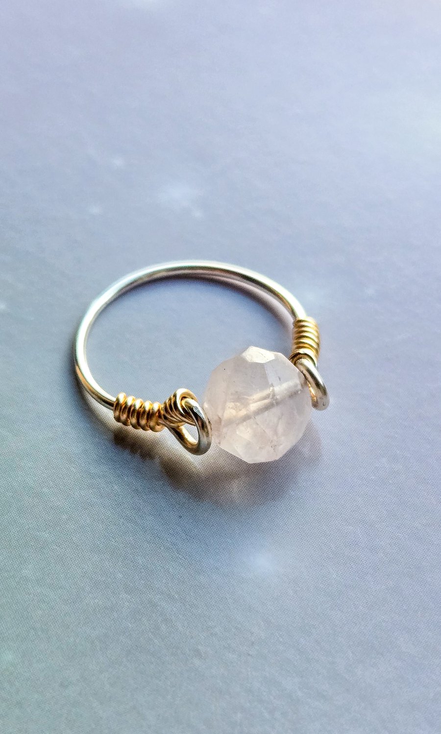 Rose Quartz Gemstone Sterling Silver Ring - January Birthstone, UK Size L, Gold