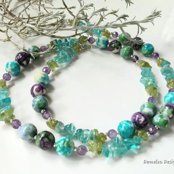 Designer Paraiba Blue Apatite, Amethyst, Variscite & Peridot Necklace
