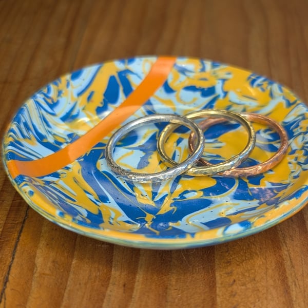 Blue trinket dish with orange stripe