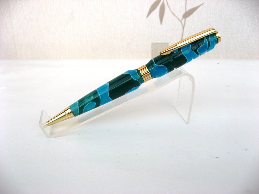 Hand Made Blue and Green Acrylic Ball Point Pen with a Velvet Pouch
