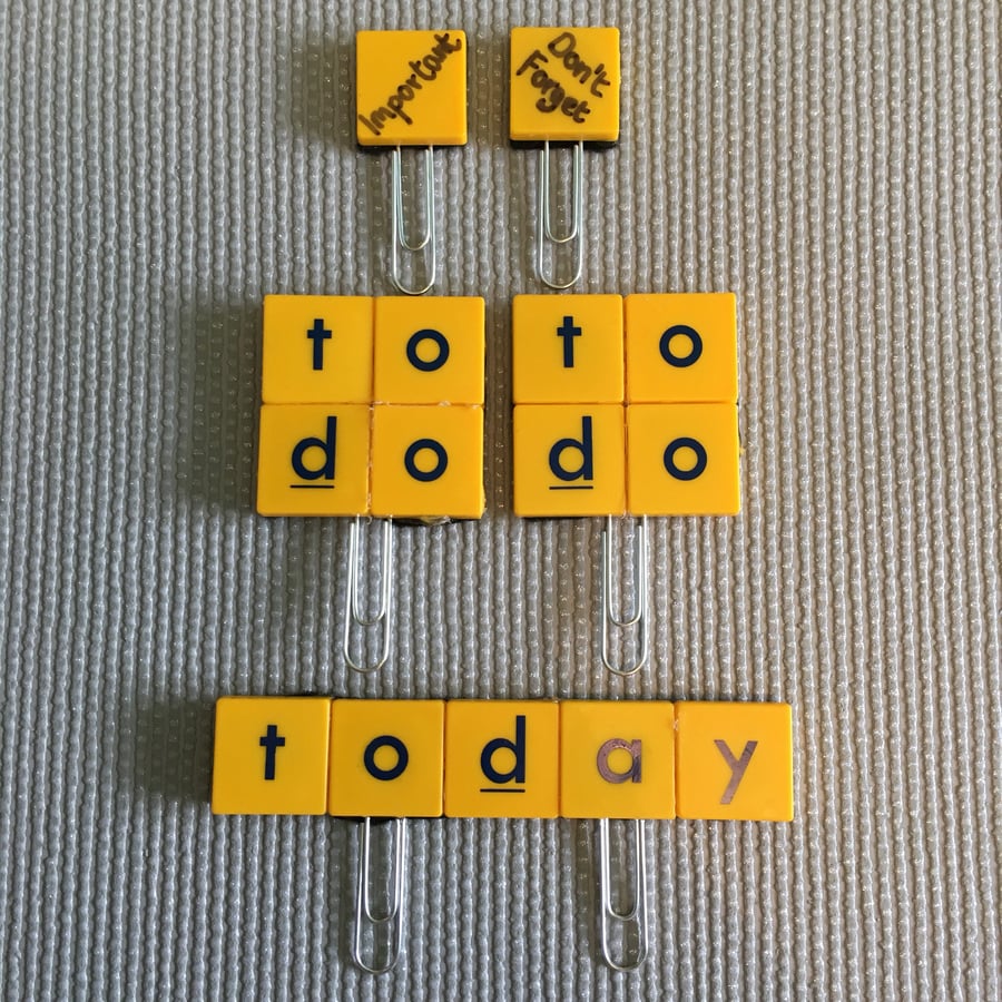 Junior Scrabble Tile Planner Paperclips- Today, To Do, Important, Don't Forget