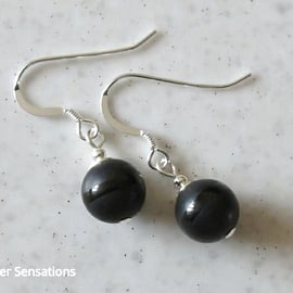 Frosted Black Onyx Stripe Beads & Sterling Silver Short Drop Earrings