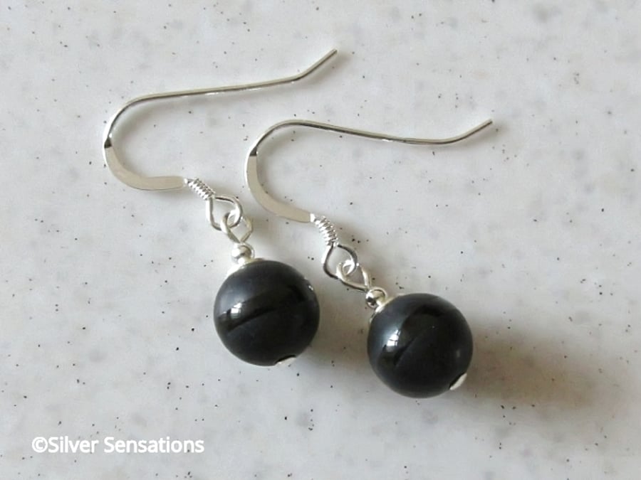 Frosted Black Onyx Stripe Beads & Sterling Silver Short Drop Earrings