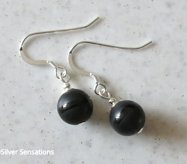 Frosted Black Onyx Stripe Beads & Sterling Silver Short Drop Earrings