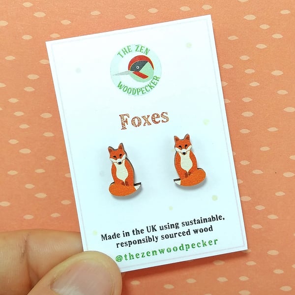 Fox Earrings, Wooden Animal Studs, Silver Plated or Sterling Silver Backs
