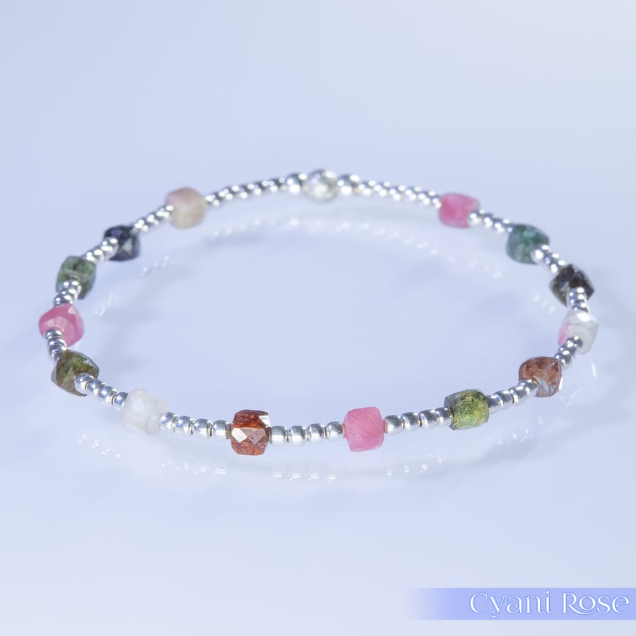 Sterling Silver and Multi Tourmaline stretch bracelet AA grade gemstones