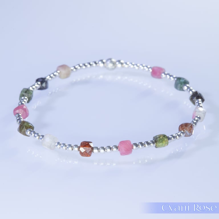 Sterling Silver and Multi Tourmaline stretch bracelet AA grade gemstones