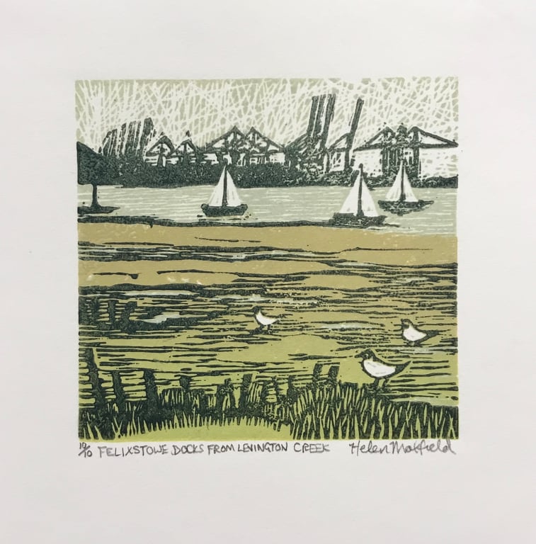 Felixstowe Docks from Levington Creek. Original lino print.