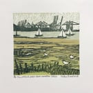 Felixstowe Docks from Levington Creek. Original lino print.