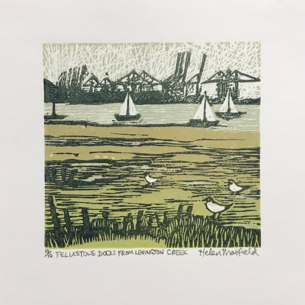 Felixstowe Docks from Levington Creek. Original lino print.