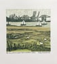 Felixstowe Docks from Levington Creek. Original lino print.