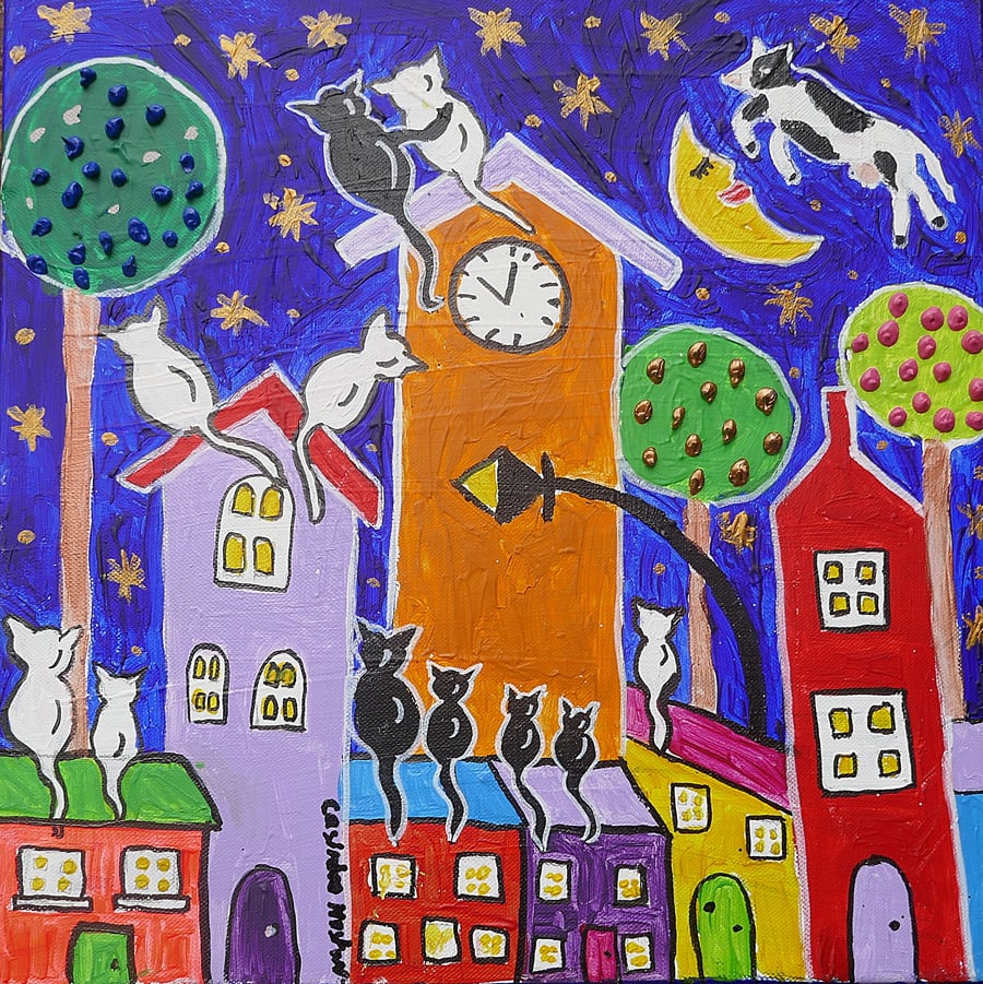 Colourful Naive  , Cats and Houses acrylic painting on canvas 10" x 10"