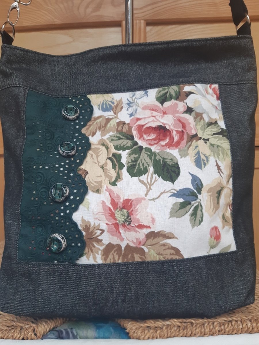 Charcoal denim and floral cotton bag