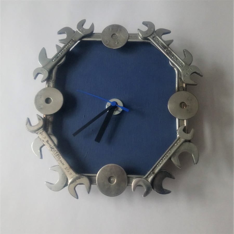 Industrial Spanner Wall Clock in Blue - Industrial chic clocks