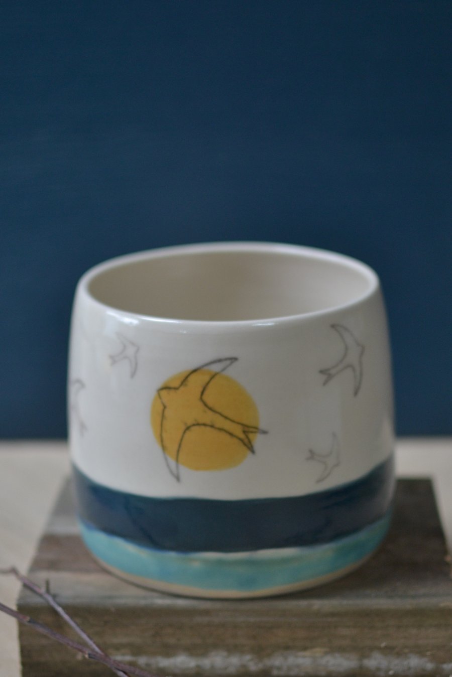 Handmade Ceramic plant pot - decorated with a golden sun and Swift