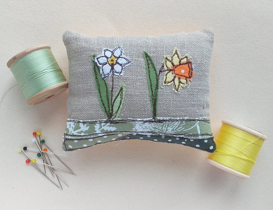Pin Cushion with Embroidered Daffodils