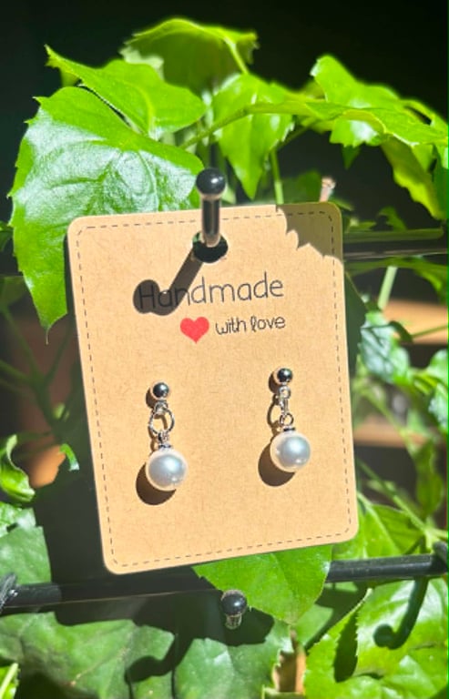 Handmade Silver-Tone Stud Earrings with Pearl-Look Bead Droplets