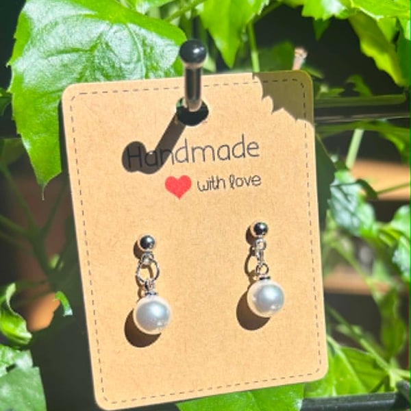 Handmade Silver-Tone Stud Earrings with Pearl-Look Bead Droplets