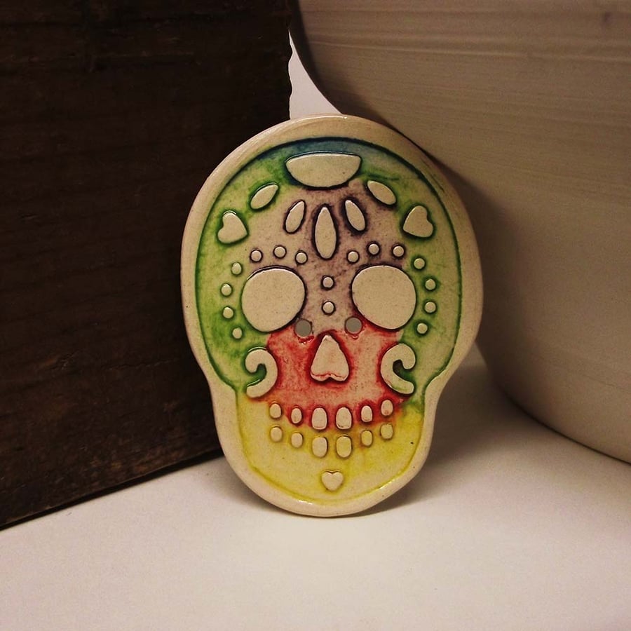 Ceramic skull button bright colours Pottery