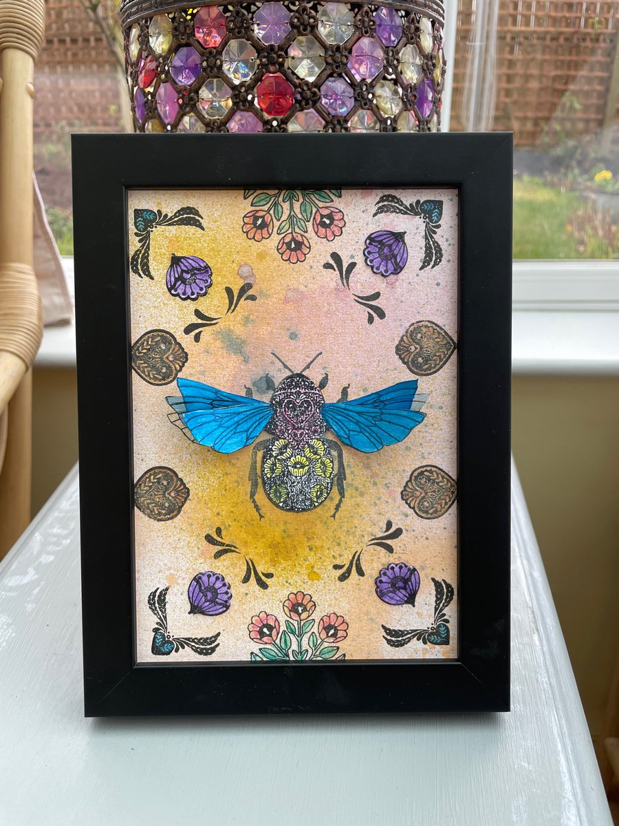 Folk art bee framed hand stamped picture 