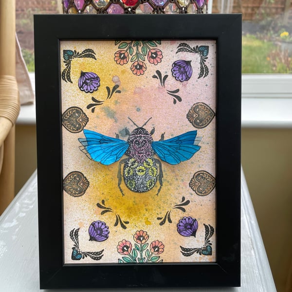 Folk art bee framed hand stamped picture 