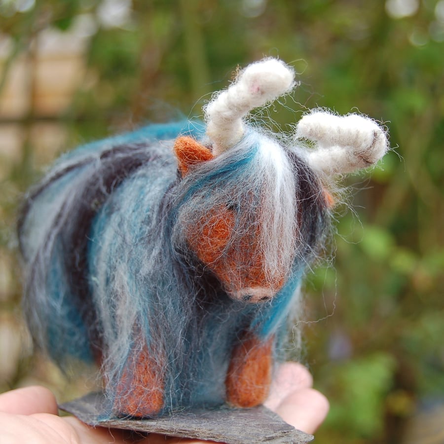 Highland Cow - Needlefelt reddish brown body and funky blue coat