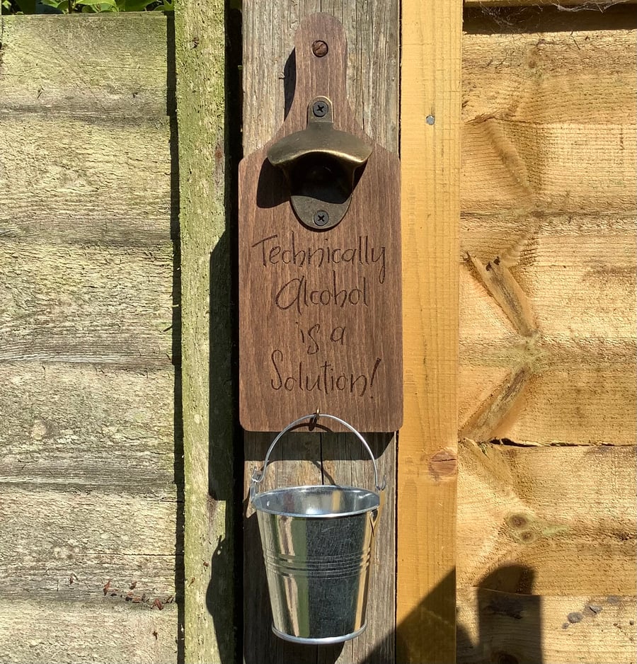 Wall mounted bottle opener with bucket cap catcher (alcohol solution)