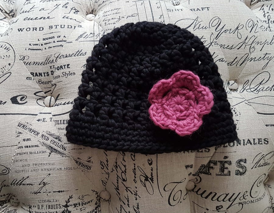 Chunky Black Crochet Hat with Pink Flower