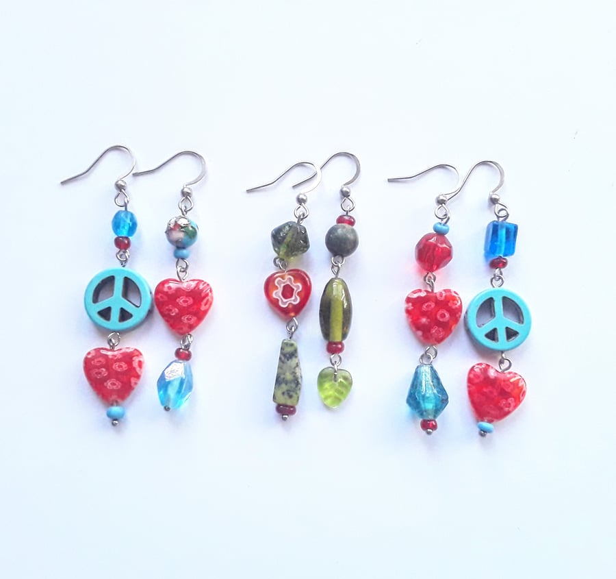 Asymmetrical Glass Bead & Heart Earrings: Multicoloured 