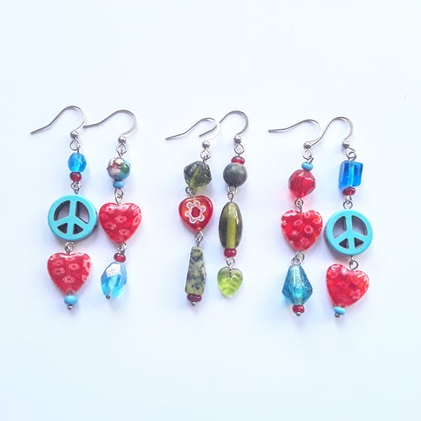 Asymmetrical Glass Bead & Heart Earrings: Multicoloured 