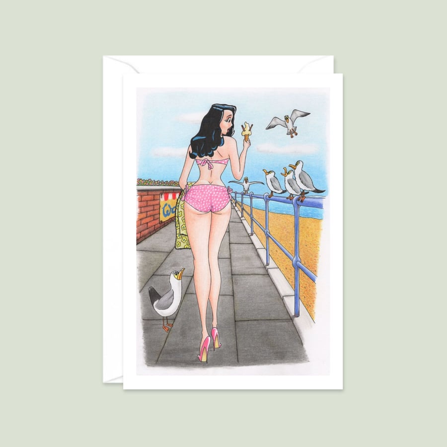 Seaside Pier Greeting Card: Hand Drawn Postcard Style Illustration (806)