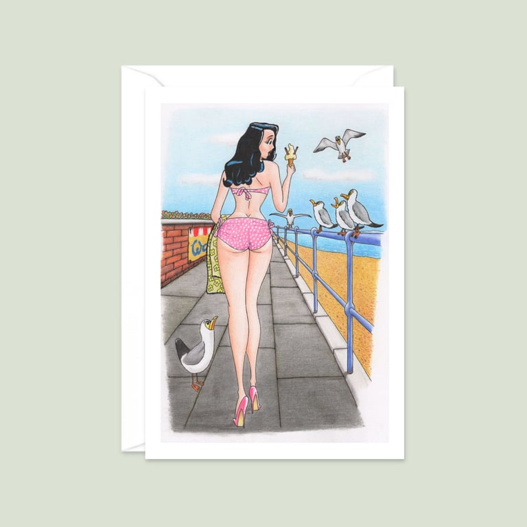 Seaside Pier Greeting Card: Hand Drawn Postcard Style Illustration (806)