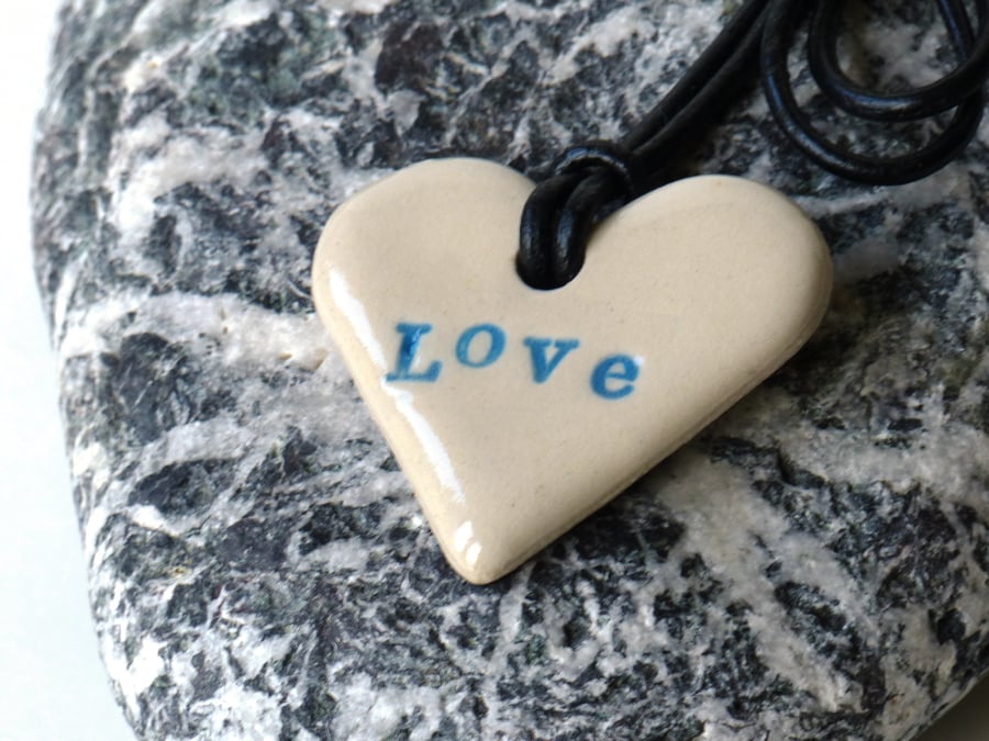 Blue and White Love Heart Ceramic Necklace, Pottery UK